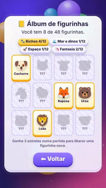 Álbum de figurinhas e medalhas do jogo