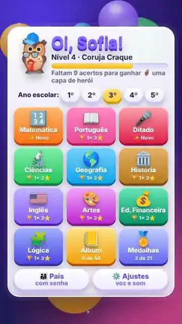 Menu do jogo com as matérias e o mascote raposinha